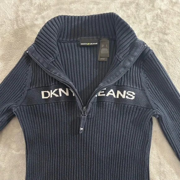 DKNY Y2K fitted ribbed logo navy blue quarter zip sweater - Picture 2 of 9